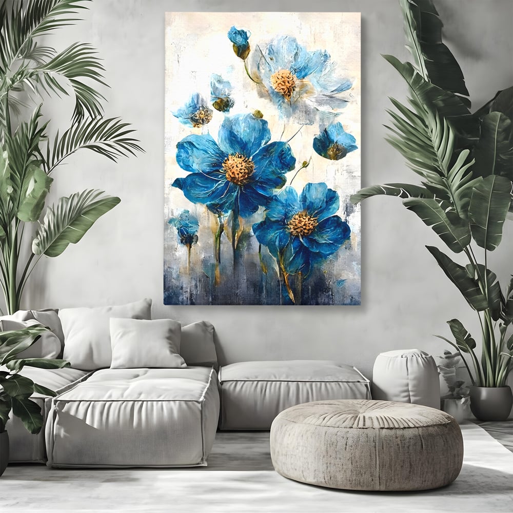 Tablou canvas cu pictura verticala cu flori albastre, fara rama, pe sasiu de lemn, pe perete intr-un living